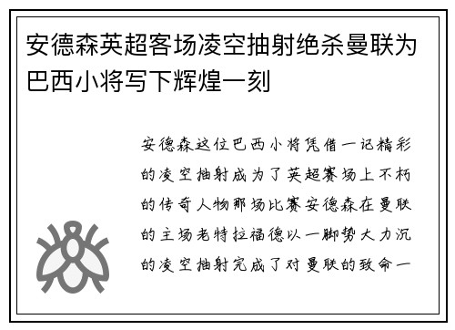 安德森英超客场凌空抽射绝杀曼联为巴西小将写下辉煌一刻